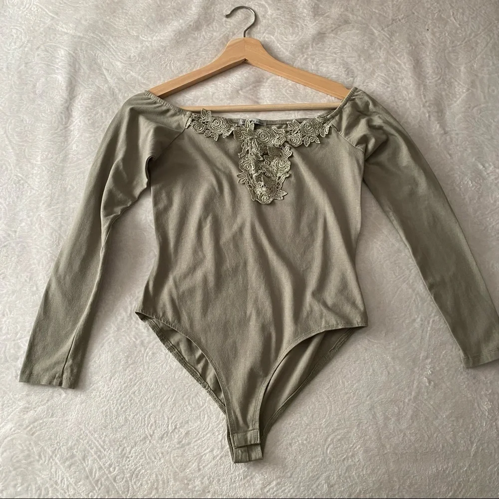 Sage Off Shoulder Floral Appliqué Neckline Bodysuit